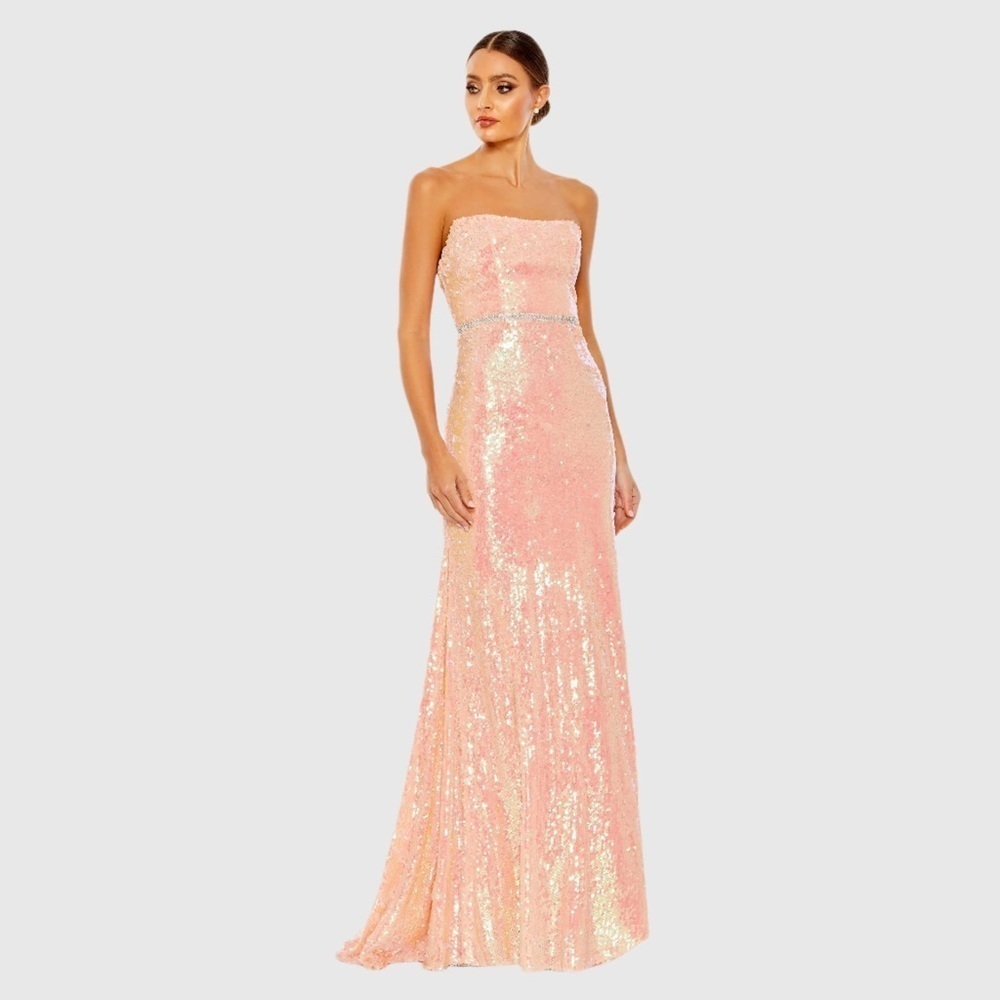 IEENA FOR MAC DUGGAL 26980 NWT
Coral Sequined Strapless Rhinestone Belt Gown